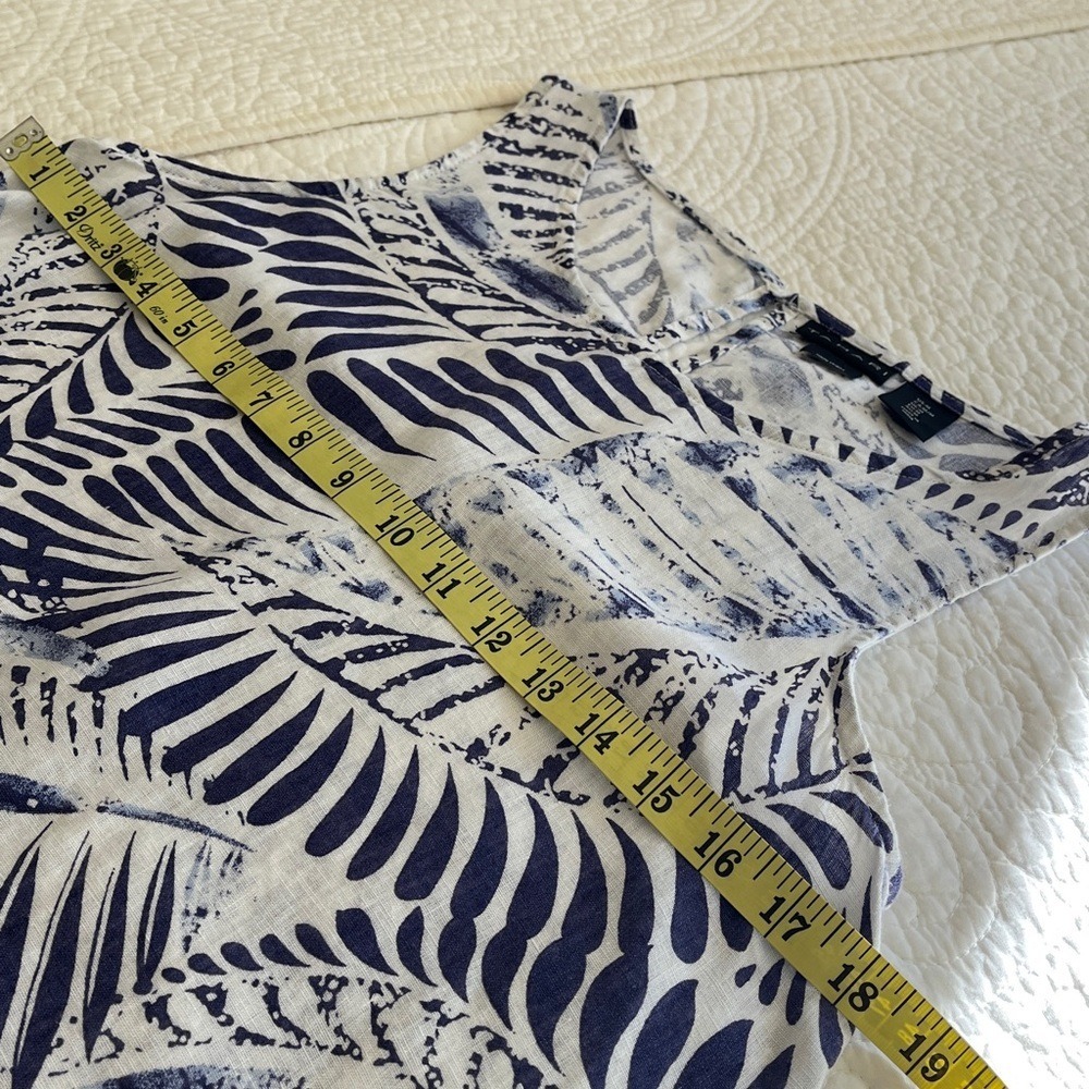 100% Linen Dress Women's Medium Sleeveless Pockets Print Blue White Beach Flare - Picture 9 of 16